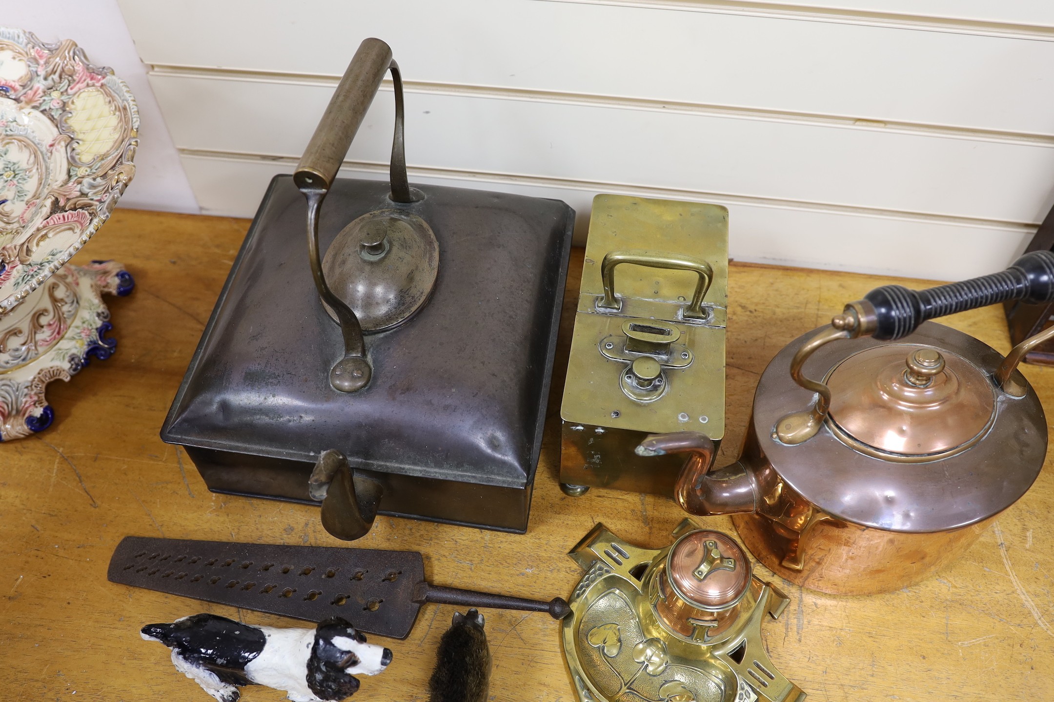 Mixed metalwares including an art nouveau copper and brass inkwell, painted model of a spaniel, honour box etc